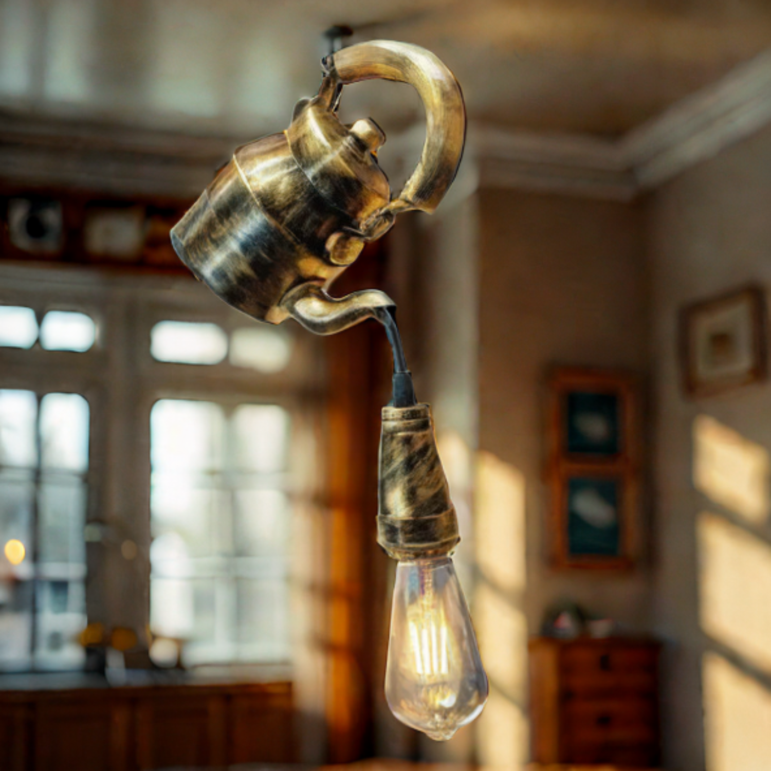 Vintage Teapot Hanging Lamp Rustic Charm with Edison Bulb Glow for Cafes, Homes & Garden Décor